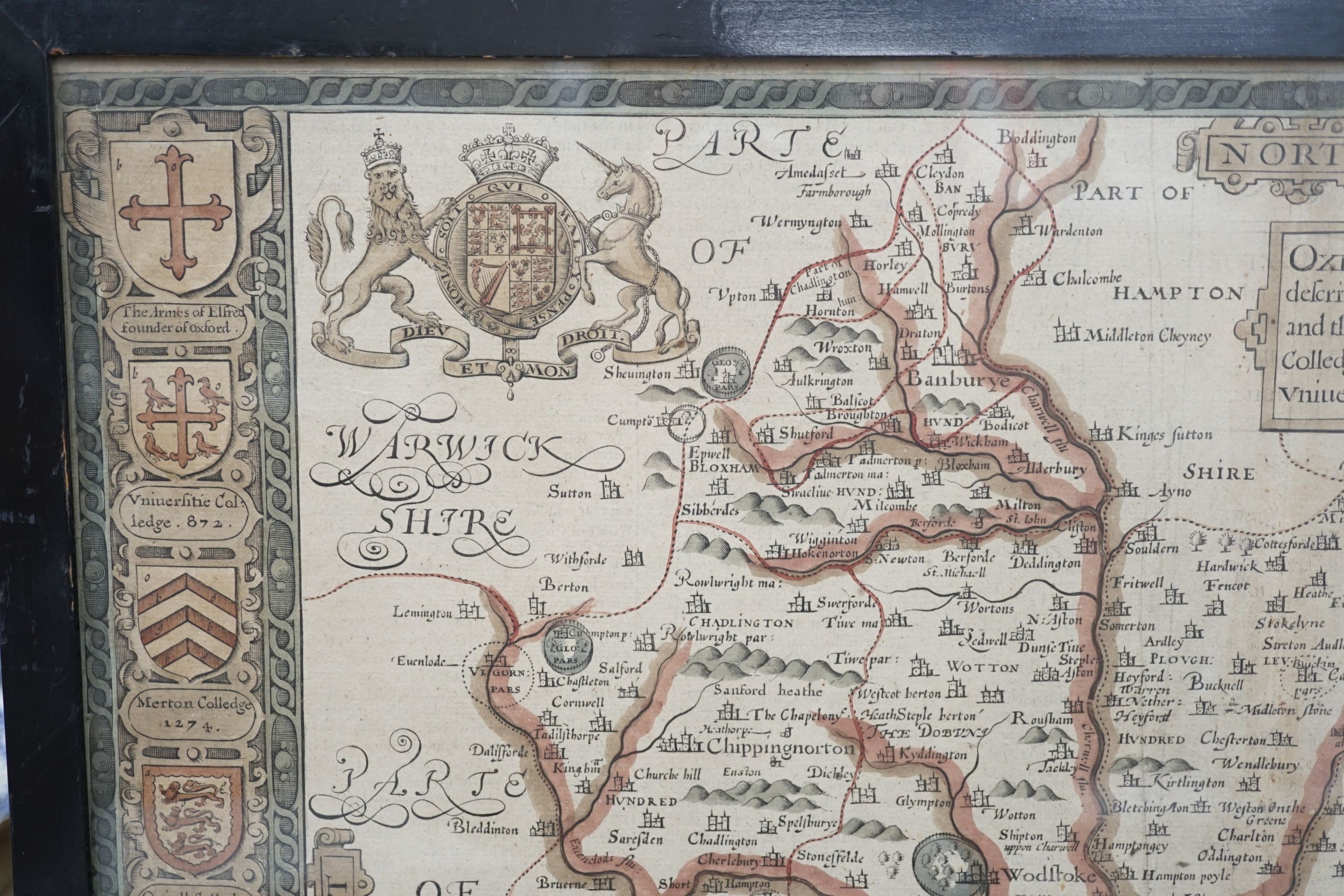 John Speed, coloured engraving, Map of Oxfordshire Described, 39 x 53cm